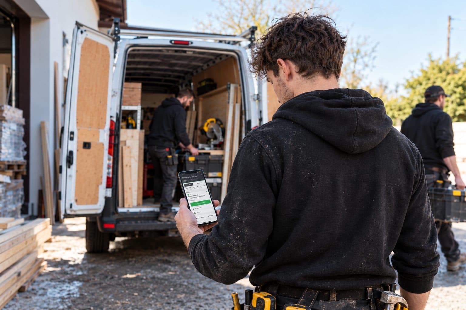 A fitter checking his day's jobs on his phone beside the van