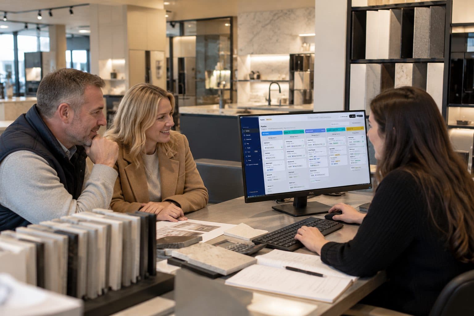 A couple going through their job on screen with a designer in a showroom